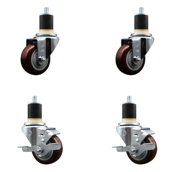 Service Caster 3'' SS Maroon Poly Wheel Swivel 1-7/8'' Expanding Stem Caster Set 2 Brakes, 4PK SCC-SSEX20S314-PPUB-MRN-2-TLB-2-178 - main
